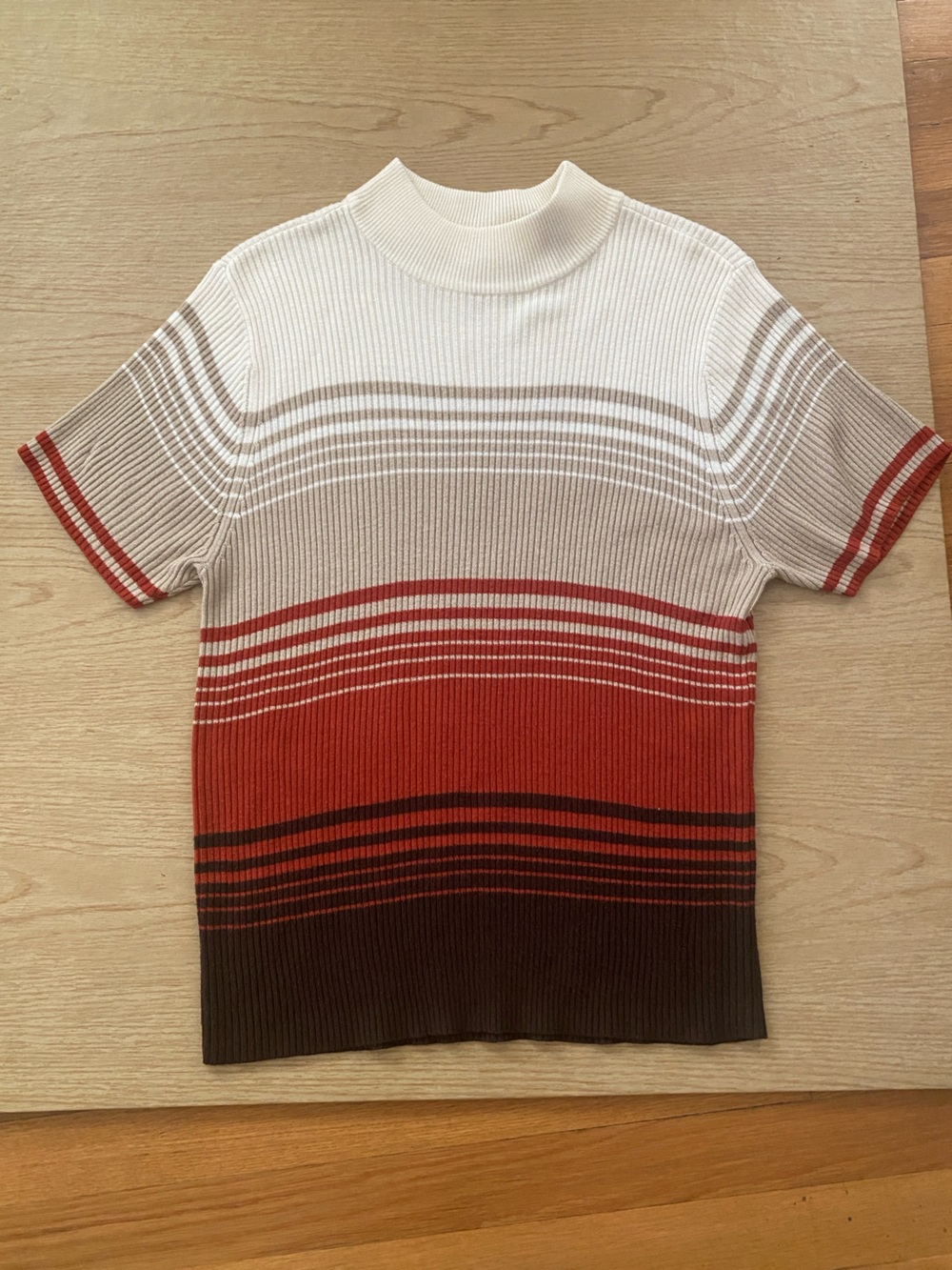 Studio Works Striped Rib Knit Mock Neck Top in Cream, Rust & Brown size Large